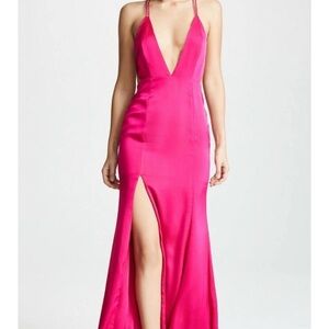 NWT Fame and Partners Fuchsia Hot Pink Satin Thora Plunge Neck Maxi Dress